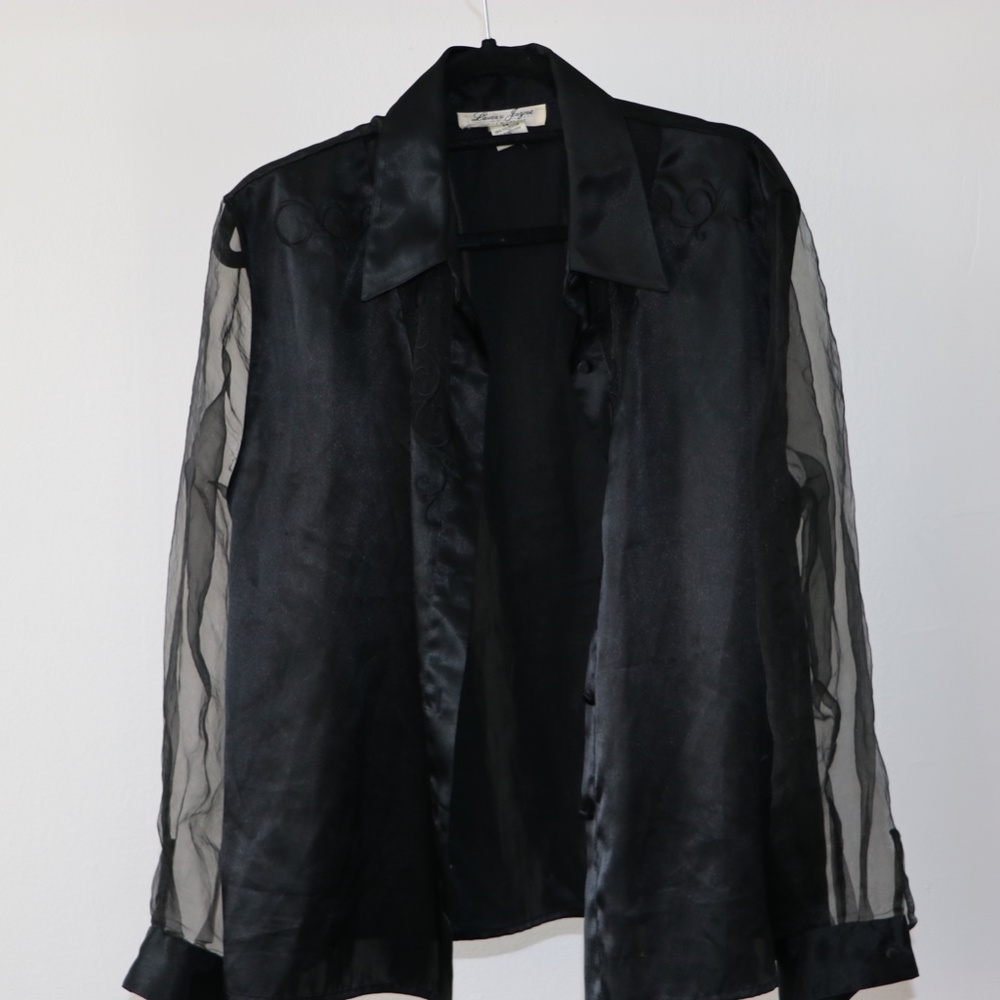 Sheer Sleeve Black Embroidered Button Down